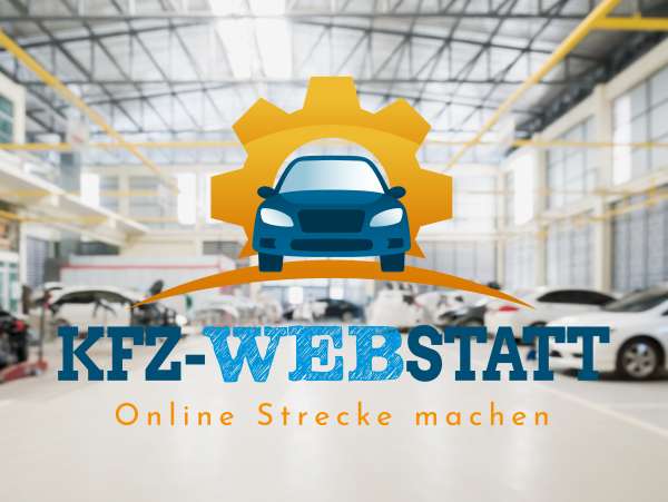 Logo und Schriftzüge „KFZ-WEBSTATT“ und „Online Strecke machen“ in einer großen Werkstatt